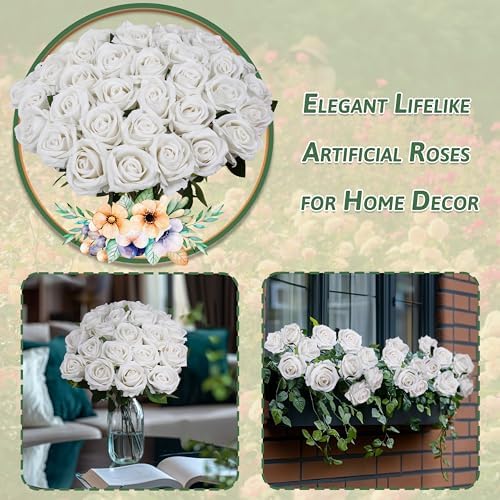 100 PCS Fake White Roses, Artificial Flowers Bulk, Silk Faux Ivory Roses - Image 4