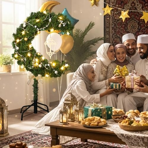 Glooglitter 6ft Ramadan Moon Tree: Lighted Crescent Artificial Tree with Star String LED Eid Outdoor Decoration for Eid Ramadan Garden Home Bedroom Party Decor(Green) - Image 4