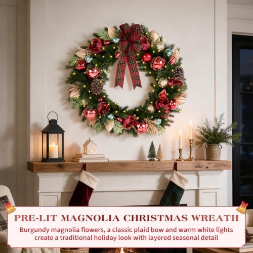 Hykolity 32 Inch Pre-Lit Magnolia Christmas Wreath, Battery Operated Lighted Wreath with 60 Warm White LEDs, Timer, Burgundy Flowers, Plaid Bow, Ornaments and Pinecones for Front Door - Image 2