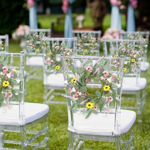 8 Pcs 9" Mini Spring Summer Flowered Wreath Floral Wedding Candle Rings Wreaths Kitchen Cabinet Wreaths with Ribbon for Pillars Wedding Table Centerpiece Farmhouse Party Home Door All Seasons Decor - Image 5