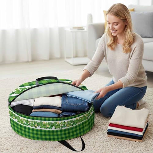24 Inch Round Storage Bag 2 Pack,Irish Lucky Shamrock Threeleaf Grass Waterproof Wreath Storage Container with Handles&Zipper Green Buffalo Plaid Closet Organizer Bags Garland Box - Image 4