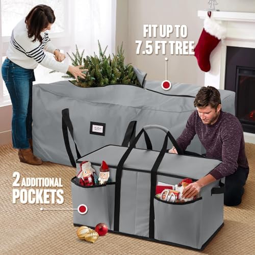 Hatisan 2Pcs Christmas Tree Storage Bag for 7.5ft Artificial Trees with Christmas Ornament Storage Box, Sturdy Waterproof Material, Zippered Bag, Stitched Reinforced Carry Handles(Grey, 7.5 ft) - Image 4