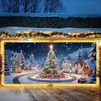 Christmas Garage Door Banner for Outdoor Decorations – Cartoon Christmas Tree with Gifts, Snow Village Background, Holiday Winter Wonderland Scene – Large Garage Mural Cover for Home Xmas Decor by THISFIND
