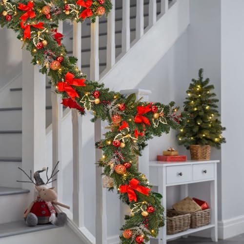 6ft Pre-lit Garland,red Gold Christmas Decorated Garland with 30 LED Light String,Indoor Outdoor Xmas Decorations on Mantle Fireplace Front Door, Christmas Stairs Decor Battery Operated with Timer - Image 4