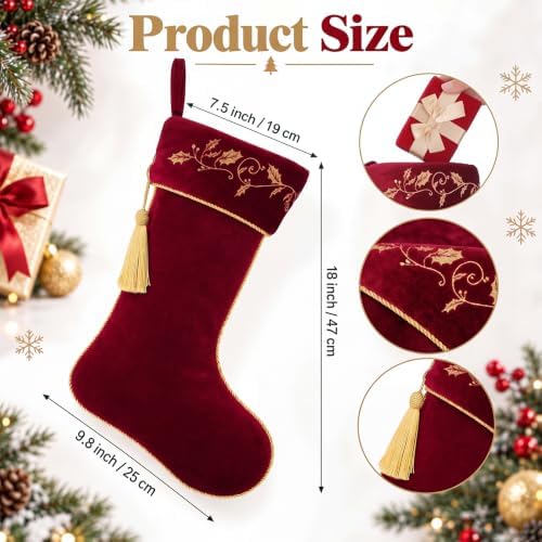 Kinlop 4 Pcs 18 Inch Dark Red Velvet Christmas Stockings, Embroidered - Image 2