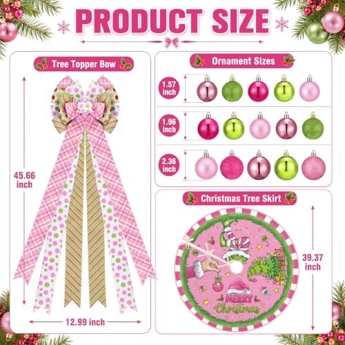 Gejoy 32 Pcs Pink and Lime Green Christmas Tree Decoration Set - Image 3