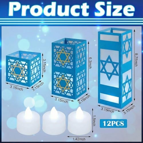 VIHOSE 12 Sets Hanukkah Table Decorations 3 Size Hanukkah Lantern Boxes Centerpieces with LED Candles Dreidel Star David Chanukkah Table Decor for Jewish Judaism Party Decor - Image 2