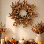 24" Artificial Fall Wreath for Front Door, Autumn Harvest Wreath with Eucalyptus Leaves, Sorghum, Farmhouse Thanksgiving Decor for Indoor Outdoor Porch, Window&Entryway (Autumn Yellow) - Image 3