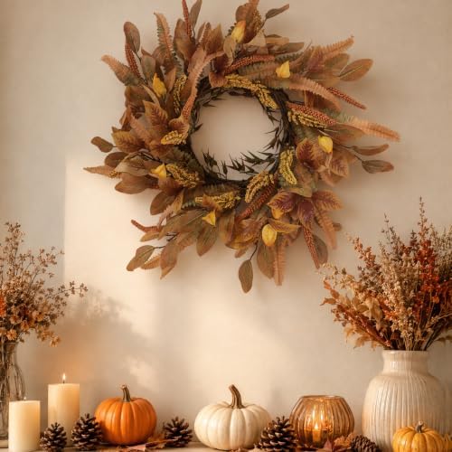 24" Artificial Fall Wreath for Front Door, Autumn Harvest Wreath with Eucalyptus Leaves, Sorghum, Farmhouse Thanksgiving Decor for Indoor Outdoor Porch, Window&Entryway (Autumn Yellow) - Image 3