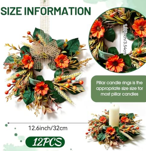 12 PCS 9" Mini Fall Wreaths for Kitchen Cabinets Fall Wreaths for Front Door with Sunflowers Wheat Stalks & Orange Berries Harvest Thanksgiving Floral for Farmhouse Home Wall Window Festival Decor - Image 3