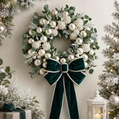 Norme 15.7" Christmas Wreath Green Bow Pearl Ball Eucalyptus for Front Door by Norme