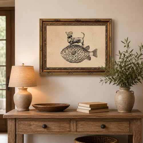 Gold Framed Dog on Fish Wall Art, Funny Animal Canvas Print, 16x12 - Image 3