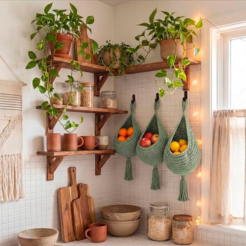 Honeydak 3 Hanging Baskets, Sage Green, Tassel, Cotton Rope - Image 6