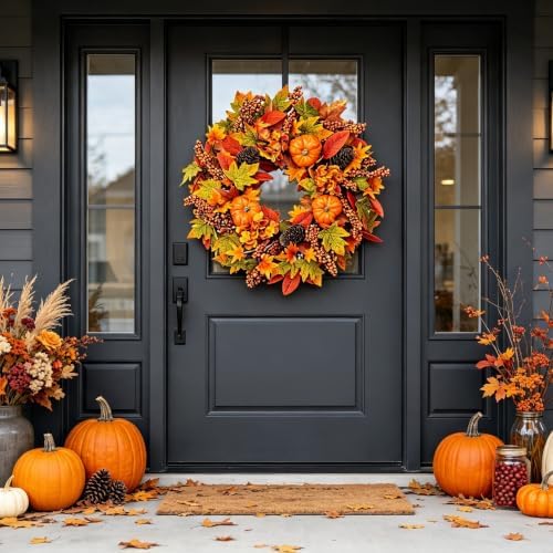 24 Inch Harvest Wreath for Front Porch, Pumpkin and Pinecone Farmhouse Decor with Maple Leaves and Hydrangeas, Rustic Artificial Autumn Wreath for Wall Window Home, Thanksgiving Fall Display - Image 4