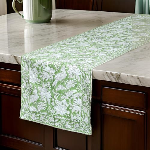 CPC Olive Green Block Print Cotton Table Runner 16x90 Inch Long Runner - Image 2