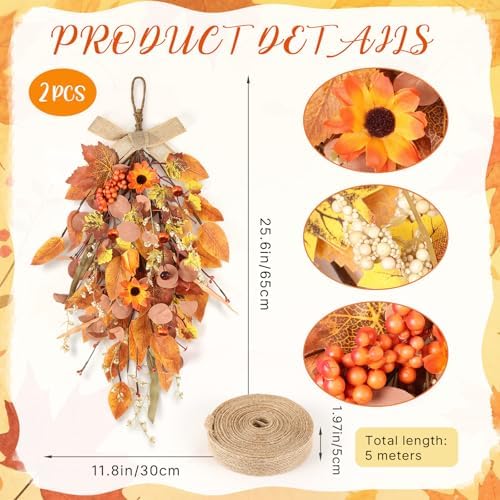 2 Pcs 24" Artificia Fall Swag for Front Door Autumn Teardrop Swag Harvest Sunflowers Pumpkins Leaves Berries Door Swag Hanging Flower Wreath for Window Wall Decor - Image 3