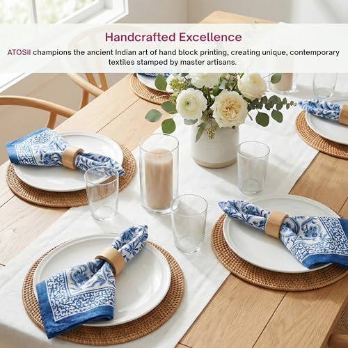 ATOSII Cotton Blockprint Cloth Napkins, Midnight Bloom, Set of 4, 20" X 20" - Image 3