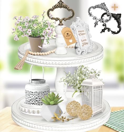 2 Tiered Tray Wooden Serving Stand by Felt Creative Home Goods. Small Shabby Chic Beaded Tray for Home Decor Display Farmhouse Country Decoration Kitchen or Dining. Includes 3 Custom Handles (White) by FeltCreativeHomeGoods