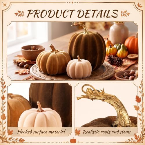 Bucherry 3 Pcs Velvet Pumpkin Decor Set 3D Foam Pumpkin,Brown - Image 3