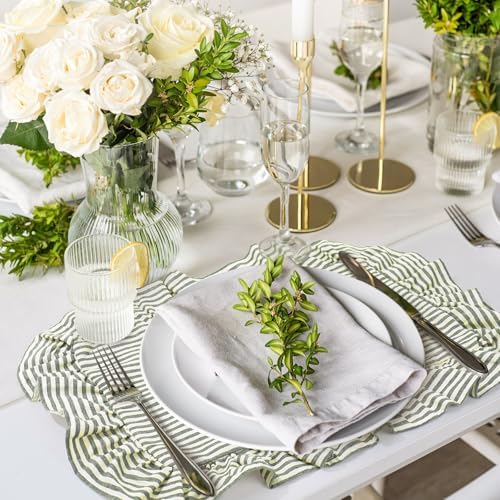 Whaline Vintage Green Cotton Placemats with Ruffle Stripe Kitchen Place Mats for Birthday Party Home Dining Table Decor, Set of 6, 14.5 x 19.7 in - Image 4