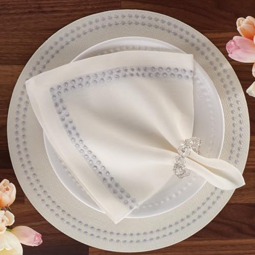 Bodrum Pearls Round Embroidered Placemats Set of 4 – 15" Elegant Table Mats for Dining, Weddings & Special Occasions, Decorative, Wipe-Clean Vinyl Placemats, Antique White/Silver - Image 4