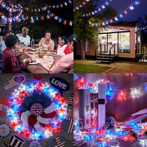 Dirnun 4th of July Decorations Red White and Blue Lights with 40 Led Big Stars, 4th of July Lights for Indoor Outdoor Home Garden Golf Cart Patriotic Theme Memorial Independence Day Decorations - Image 5