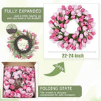 24 Inch Tulip Summer Wreath for Front Door Spring Silk Wreath with Green Leaves Artificial Tulip Flower Wreaths for All Seasons Farmhouse Porch Wall Living Room Home Widding Decor - Image 4