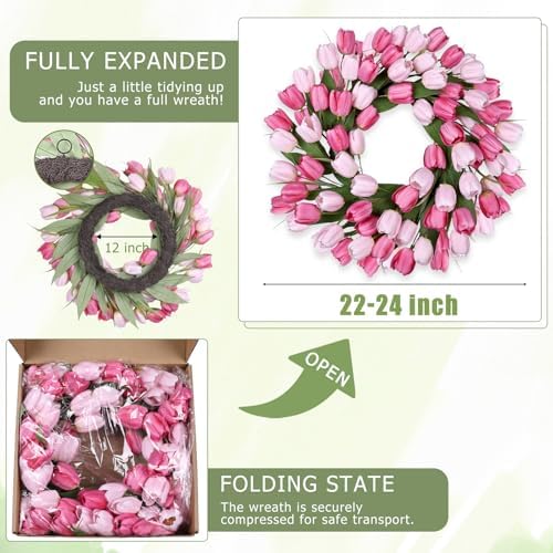 24 Inch Tulip Summer Wreath for Front Door Spring Silk Wreath with Green Leaves Artificial Tulip Flower Wreaths for All Seasons Farmhouse Porch Wall Living Room Home Widding Decor - Image 4