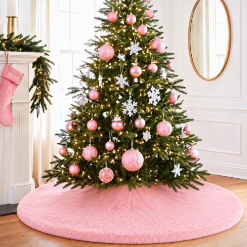 Viorawhite Pink Christmas Tree Skirt, 60 Inch Large Faux Fur - Image 6