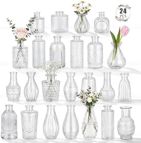 24 Pack Glass Bud Vase in Bulk - BEAHOT Clear Flower Vases for Wedding Decorations, Mini Vase for Centerpiece Table Decorations, Small Boho Vase for Home, Wedding Decor, Mother's Day, Party, Office by BEAHOT