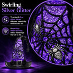 Halloween Witch Hat Snow Globe Lantern with Purple Light & Swirling Glitter, 9.5 Inch Lighted Halloween Tabletop Decor with Spider Web & Hanging Spider, Battery Operated for Mantel Shelf Party - Image 5