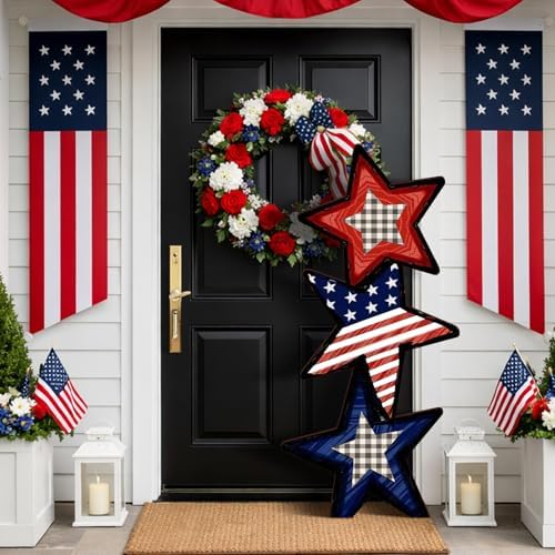 Vercraft 35'' 4th of July Porch Standing Decor Outdoor 250th Anniversary Patriotic Wooden Independence Day Memorial Day USA Flag Stacked Star Yard Sign for Patio USA American Flag Standing Yard Sign - Image 6