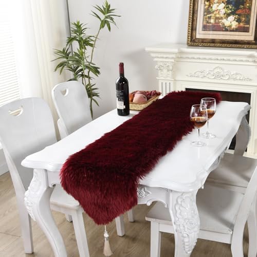 Christmas Table Runner with Tassels, Wine Red Fluffy Faux Fur Xmas Dresser Table Runners for Home Dinning Table Decor ,11.8x70.7 inch - Image 7