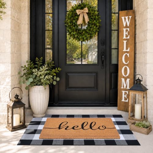 Front Door Mat Combo Set, Hello 100% Coco Coir Welcome Doormat + 28" x 43" Layered Buffalo Black and White Plaid Rug, Spring Thanksgiving Front Porch Entryway Decor Indoor Outdoor Floor Mats - Image 6