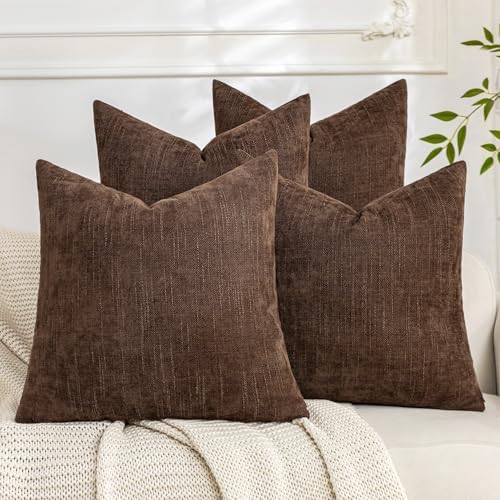 Set of 4 Soft Textured Decorative Throw Pillow Covers 20x20 Inch Cozy Farmhouse Cushion Cover Square Accent Pillow Cases for Bed Couch Sofa Living Room, Dark Brown by Cozoomy