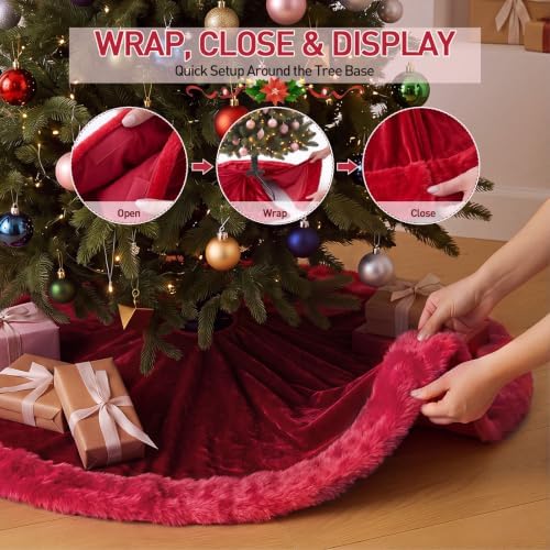 Skylety 48" Velvet Christmas Tree Skirt with Faux Fur Trim,Red - Image 5