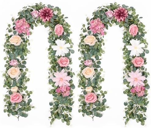 Waipfaru 2Pcs Artificial Flower Garland Decorations, 12.14Ft Eucalyptus Greenery Vines with Pink Roses for Wedding Table Runner Centerpieces Backdrop Room Decor (Pink) by Waipfaru