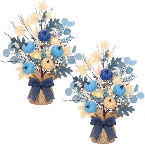 Yinder 2 Pack 18" Blue White Fall Pumpkin Tree with LED Lights Decor by Yinder
