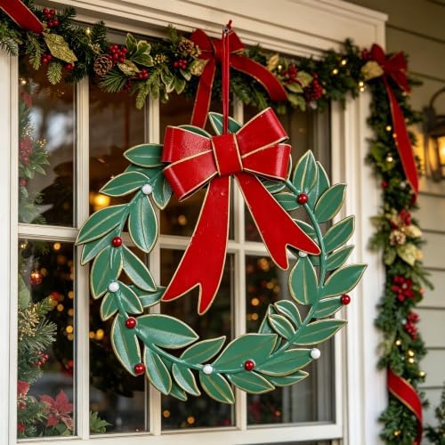 Vintage Metal Christmas Wreath Wall Decor Rustic Xmas Large Distressed Hanging Onaments Wreath for Front Door Porch Wall Home Outdoor Party Decoration, 14 Inch - Image 5