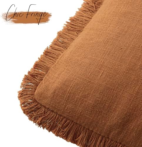Foindtower Decorative Linen Fringe Throw Pillow Covers 22×22 Inch,Orange - Image 3