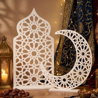 Sintuff 2 Pack Large Wooden Ramadan Decor Islamic Eid Mubarak 3ft Crescent Moon & 4ft Mosque Dome White Floor Decor for Room Entrances Ramadan Kareem Gift Party Home Decoration, Lights Not Included by Sintuff