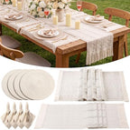 4 Sets Boho Place Mats Set Round Woven Placemats, Cloth Napkins, Wood Bead Napkin Rings, White Table Runner with Tassel and Farmhouse Rustic Placemats Cotton Burlap for Kitchen Table Decor by Gandeer
