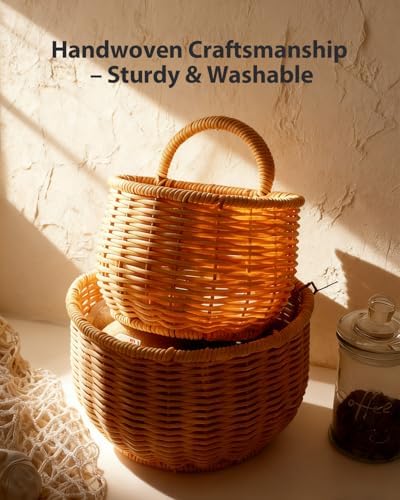 2 Pack Wall Hanging Rattan Baskets, Hand-Woven Storage Basket, Small Wall Hanging Baskets for Kitchen, Washable Decorative Basket, Potato Garlic Onion Storage Baskets - Image 2
