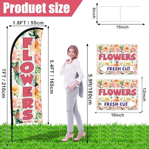 Buryeah 5 Sets Flower Banner Sign Kit Including 1 Flower Feather Flag 4 Double Sided Arrows Signs with Metal Stakes for Outside, Business Advertising, Directional Signage(Pink) - Image 2