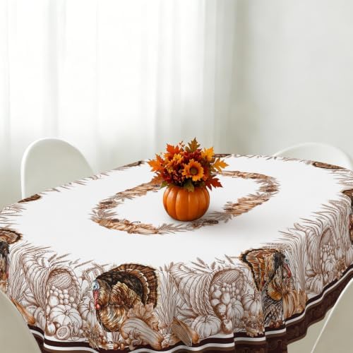 Oval Fall Tablecloth 60x120 Inch, Thanksgiving Autumn Harves Turkey Pumpkin Table Cloth, Waterproof Wrinkle Resistant Table Cover for Fall Decorations Decor - Image 3