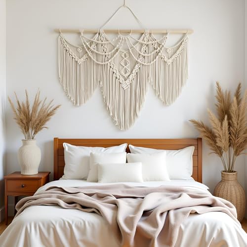large macrame wall hanging - Boho Tapestry Macrame Wall Decor Art- Chic Bohemian Handmade Woven Tapestry Home Decoration for Bedroom Living Room Apartment Wedding Party - 43"x32" (Beige-fringe) - Image 3