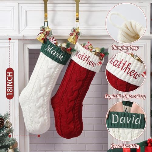 Personalized Christmas Stockings,Custom Embroidered Name & Monogram Knit Stockings for Kids,Family,Red/Green Cable Knit 18" Christmas Stocking for Fireplace Holiday Decor Gifts(5 Pack) - Image 2