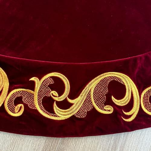 60-Inch Velvet Christmas Tree Skirt with Golden Swirl Embroidery and Lace Tie Closures, Burgundy - Image 6