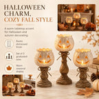 Pumpkin Candle Holder Set of 3, Rustic White Jack-O'-Lantern Tea Light Holders for Halloween and Fall Decor, Farmhouse Tabletop Mantel Entryway Decorations, Statement Set 2 Medium 1 Large - Image 3