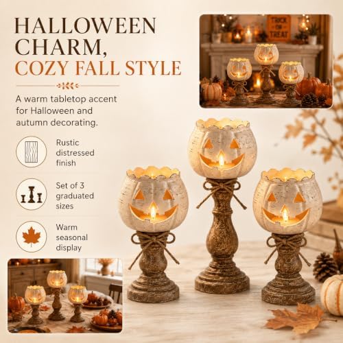 Pumpkin Candle Holder Set of 3, Rustic White Jack-O'-Lantern Tea Light Holders for Halloween and Fall Decor, Farmhouse Tabletop Mantel Entryway Decorations, Statement Set 2 Medium 1 Large - Image 3
